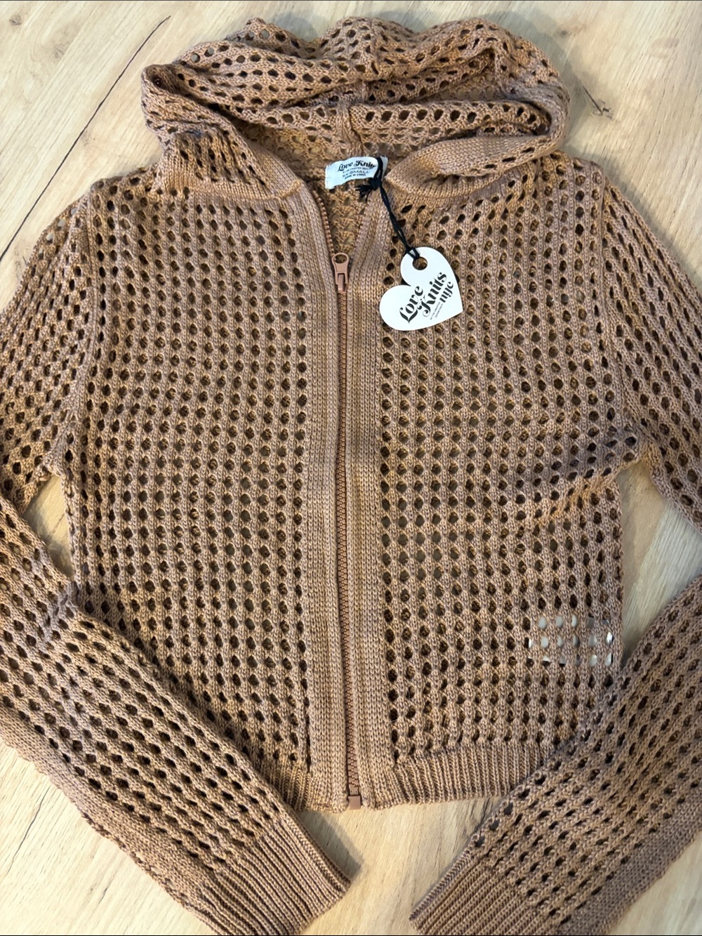 LOVE KNITS NYC BROWN OPEN KINT CROCHET ZIP UP HOODED CARDIGAN SWEATER SIZE XXS